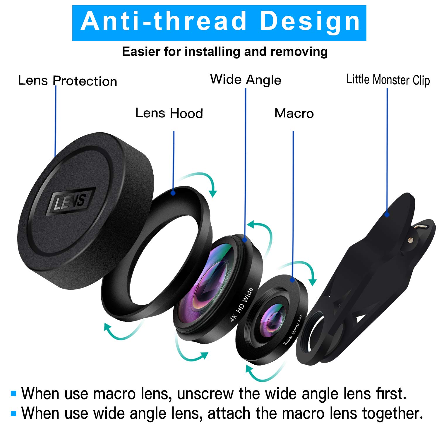 iPhone Camera Lens Universal - 2 in 1 110°Wide Angle Aspherical Lens & 15X Macro Lens, Clip on Cell Phone Lens Kit for iPhone 7/7 Plus/6s/6s Plus/6/5, Samsung & More, No Distortion, Buy 1 Get 1 Free