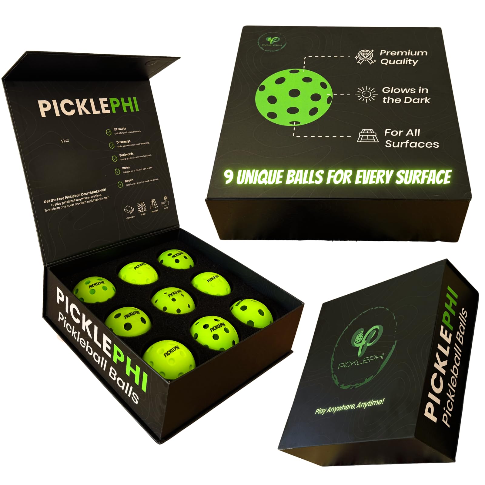 Photo 1 of Picklephi Luxury Kit | 9 Unique Pickleballs for Playing Anytime, Anywhere Even Park & Beach | Outdoor & Indoor Pickleball Balls | Glow in The Dark Pickle Ball | USAPA | Foam Silent Racketball Ball