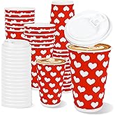JarThenaAMCS 100Pcs Valentine's Day Disposable Coffee Cups with Lids 16oz Paper Cups Red White Heart Corrugated Ripple Wall Insulated Hot Cup for Wedding Anniversary Party Supplies