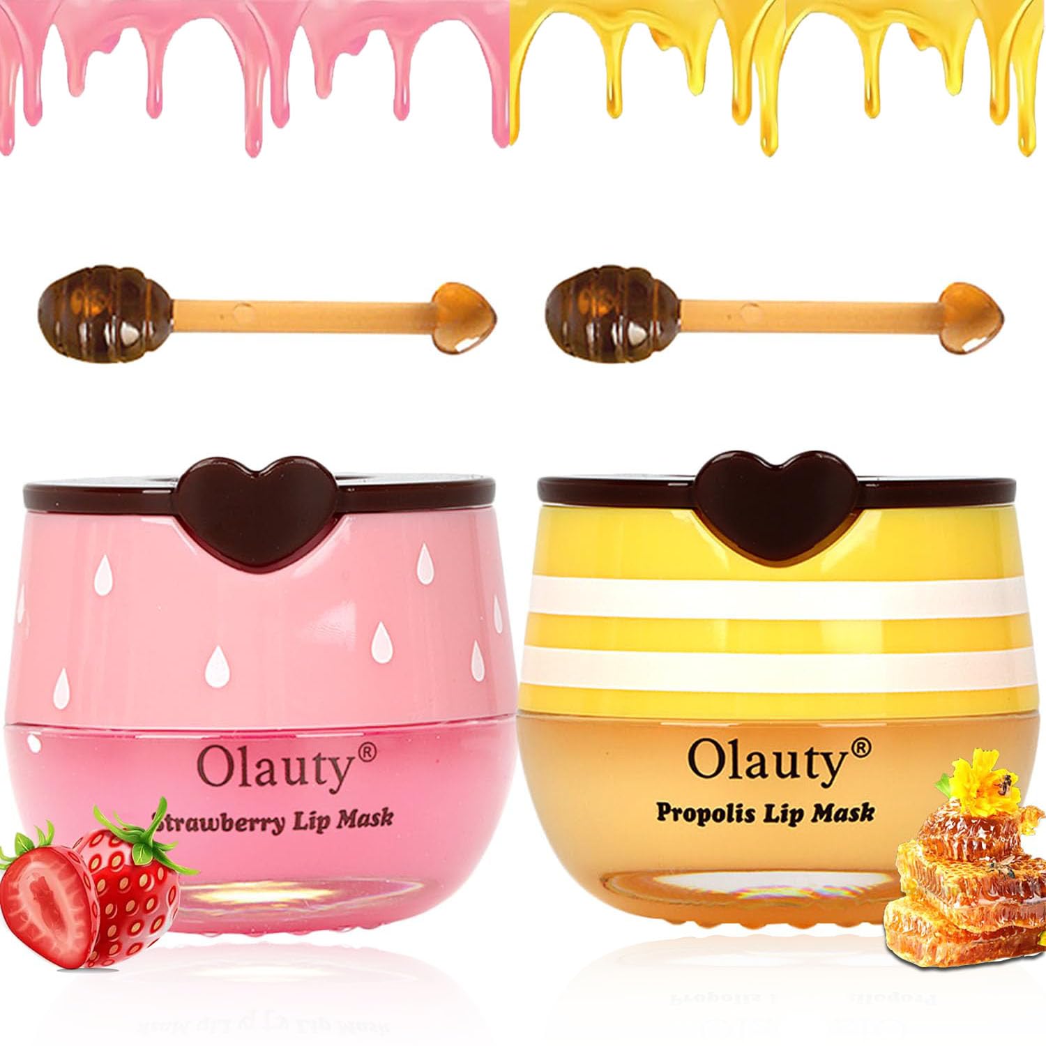2Pcs Bee Lip Balm Honey Pot, Strawberry & Honey Moisturising Sleep Lip Mask to Reduce Lip Lines, Propolis Lip Mask Overnight Hydrating Lip Balm with Stick for Dry, Chapped & Cracked Lips