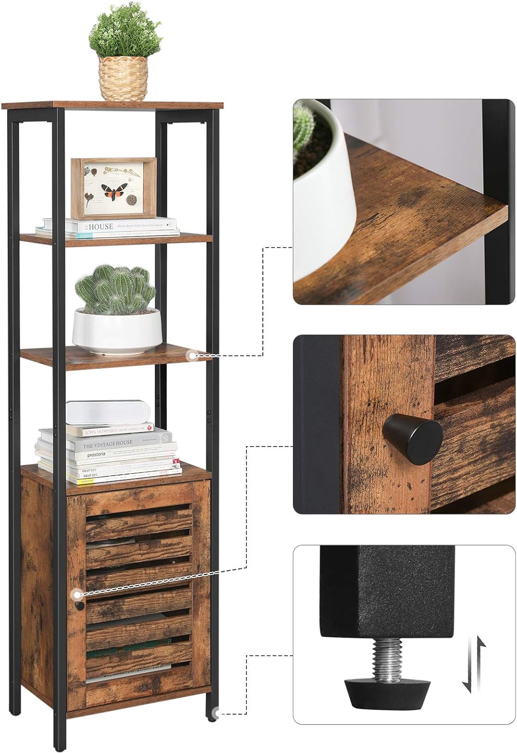 vasagle storage cabinet on Home Kitchen Vasagle Lowell Tall Cabinet 4 Tier Storage Cabinet With Door And Inside Adjustable Shelf Rustic Brown And Black Ulsc36bx Entryway Space Saving Kitchen Industrial For Living Room Steel Frame Furniture