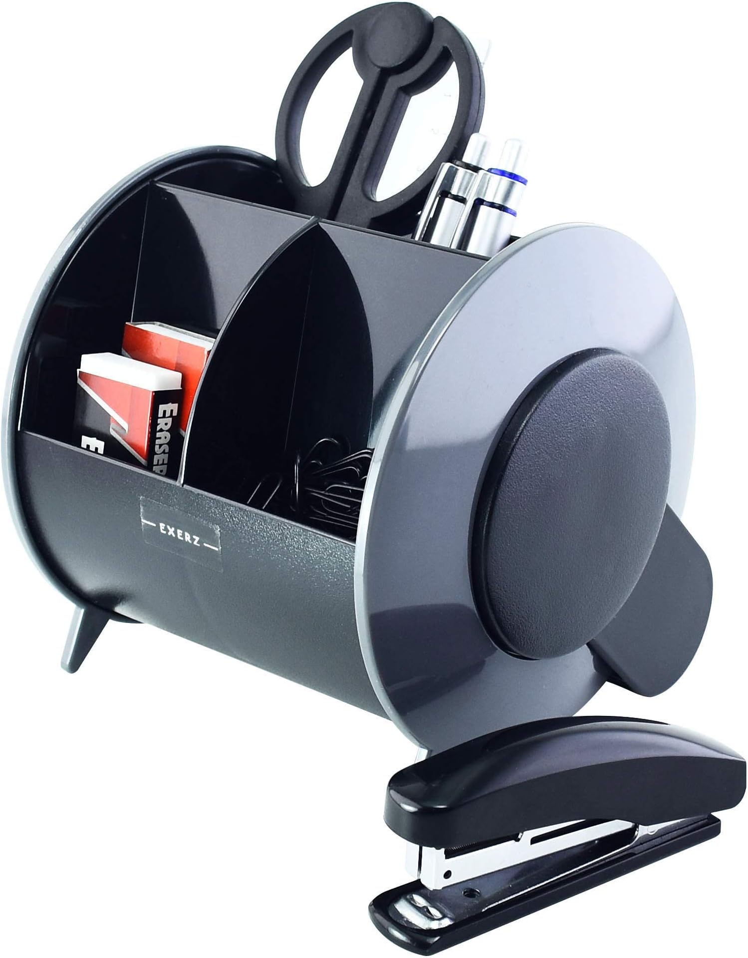 Exerz Desk Organiser with Stationery Set, 90 Degree Rotary Stationery Organiser/Pen Holder/Desk Tidy - Safety Scissors (NOT Sharp), Rulers, Eraser, Clips INCLUDED (EX898 Grey)