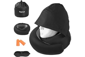 Vzpeun Travel Pillow - Hooded Neck Pillow Airplane Memory Foam Filling for Plane, Office, Cars Sleeping, Road Trip, Long Flights, Portable Plane Accessories, Includes Eye Mask & Earplugs (Black)