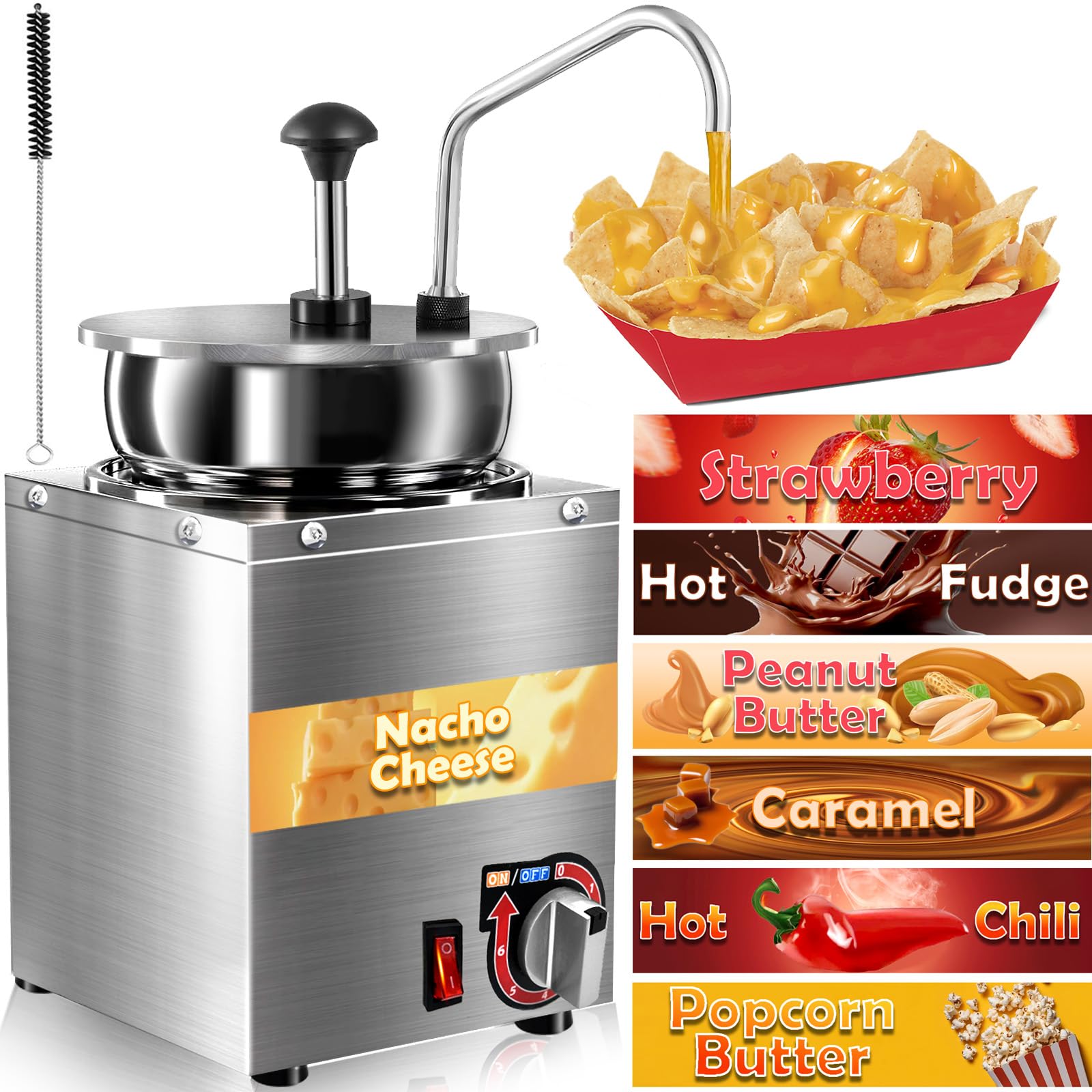 Photo 1 of Nacho Cheese Dispenser with Stainless Steel Pump, 4.3 QT Sauce Warmer, 86-194? 6 Temperature Levels Adjustable Heater, Commercial Hot Fudge Chocolate, Hot Chili, Caramel, Peanut Butter Electric Warmer