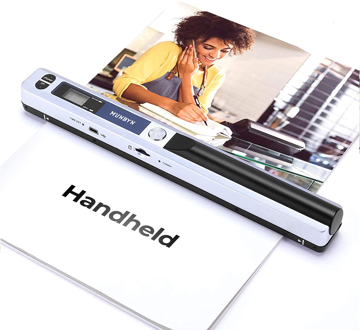 MUNBYN Portable Scanner, Photo Scanner for A4 Documents Pictures Pages Texts in 900 DPI, Flat Scanning, Include 16G SD Card, Wand Document Reader Uploads Images to Computer Via USB Cable, No Driver