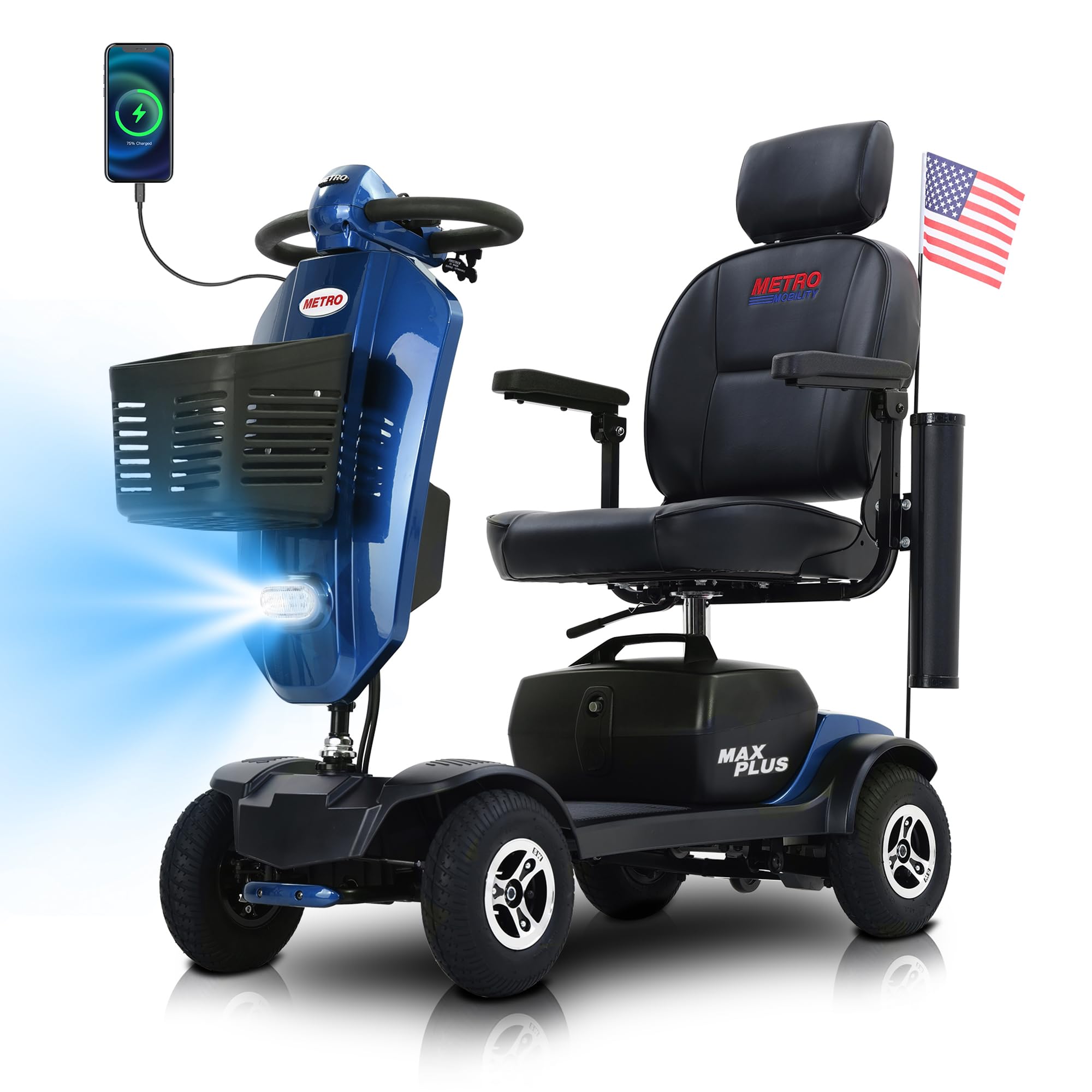 Photo 1 of **MISSING SEAT, PRICE ADJUSTED** Metro Mobility Powered Mobility Scooters, 4 Wheel Mobility Scooters for Adults, 300 lbs Capacity Folding Mobility Scooter Lightweight, 16 Miles Long Travel Range Scooter with USB Charger Port Blue
