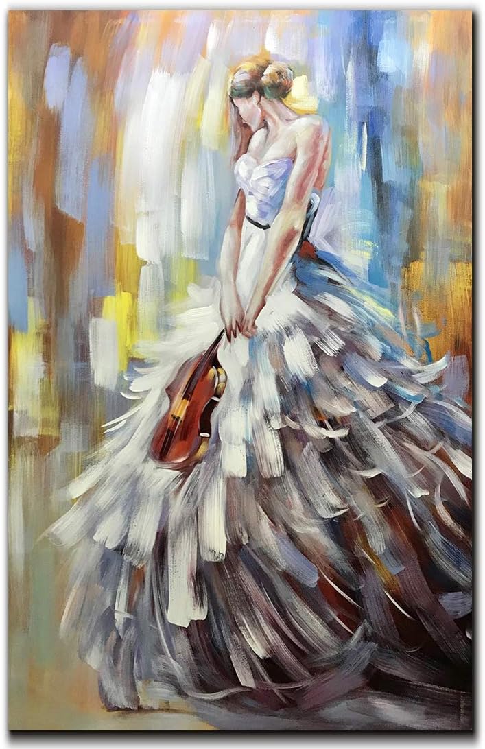 Paintings - V-inspire Art， 32x48 Inch Vintage Abstract Artwork Elegant Violin Girl 100% Hand-Painted Oil Paintings on Acrylic Canvas Wall Art Home Wall Décor Stretched Frame Ready to Hang