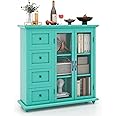 COSTWAY Sideboard Buffet Cabinet, Kitchen Storage Cabinet with 4-Drawers, 2 Tempered Glass Doors, Buffet Table, Accent Cabinet for Entryway, Dining Room, Kitchen, Home, Basement, Green