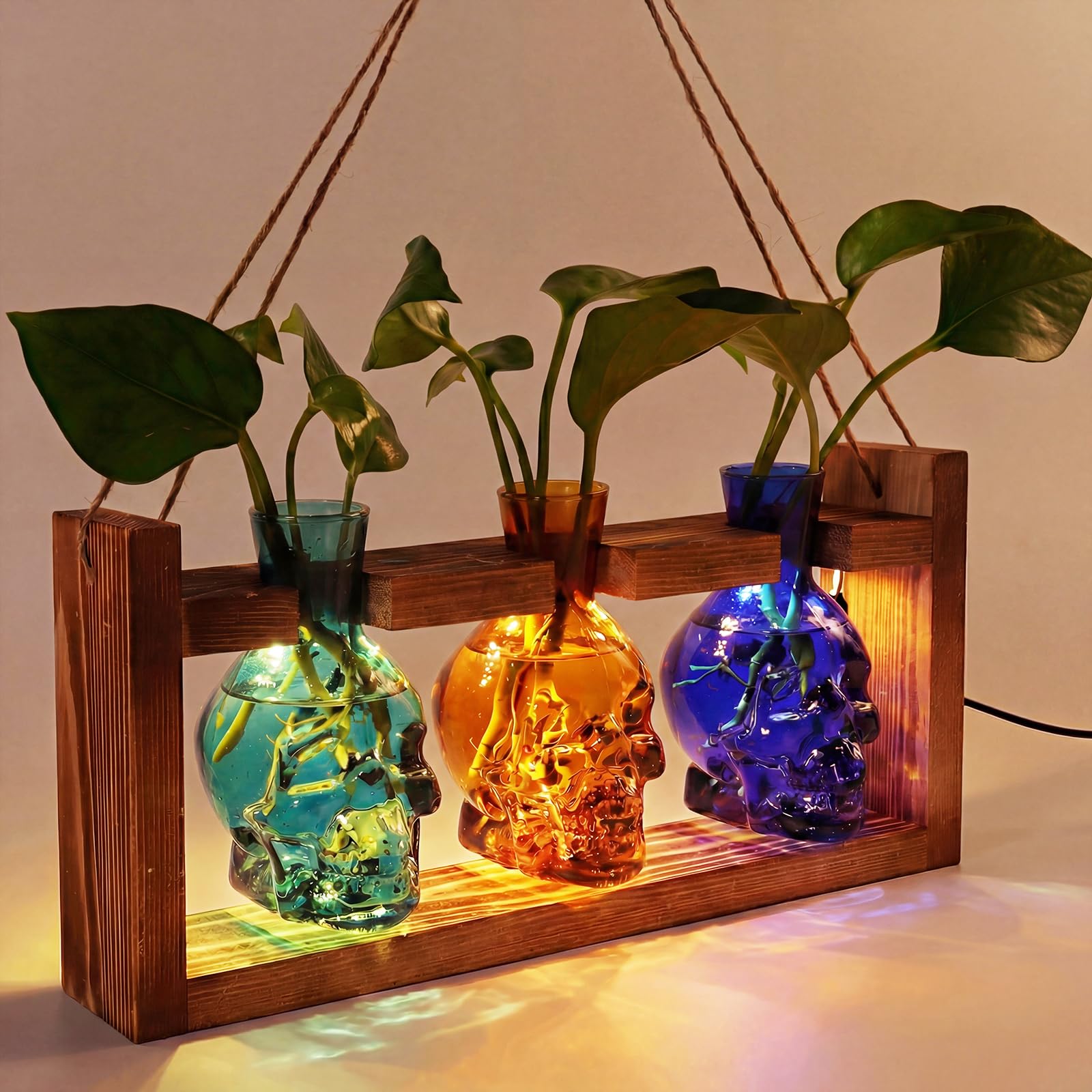 Photo 1 of Skull Plant Propagation Station with LED Lights - Halloween Decor Skull Planter, Hydroponics Pot for Office, Unique Gifts for Women & Plant Lovers(3*Mixed Color)