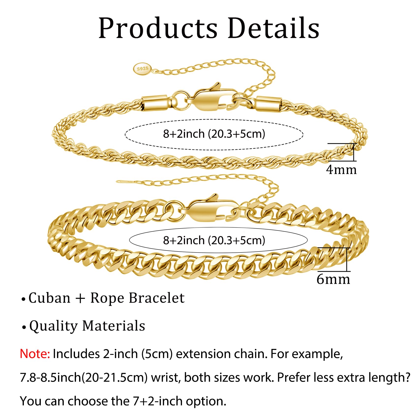 RANKEEF 2 Pcs Chain Bracelet for Men - Silver Plated 7-9inch Figaro Rope Cuban Link Bracelet Set - Gifts for Men Dad Husband Boyfriend