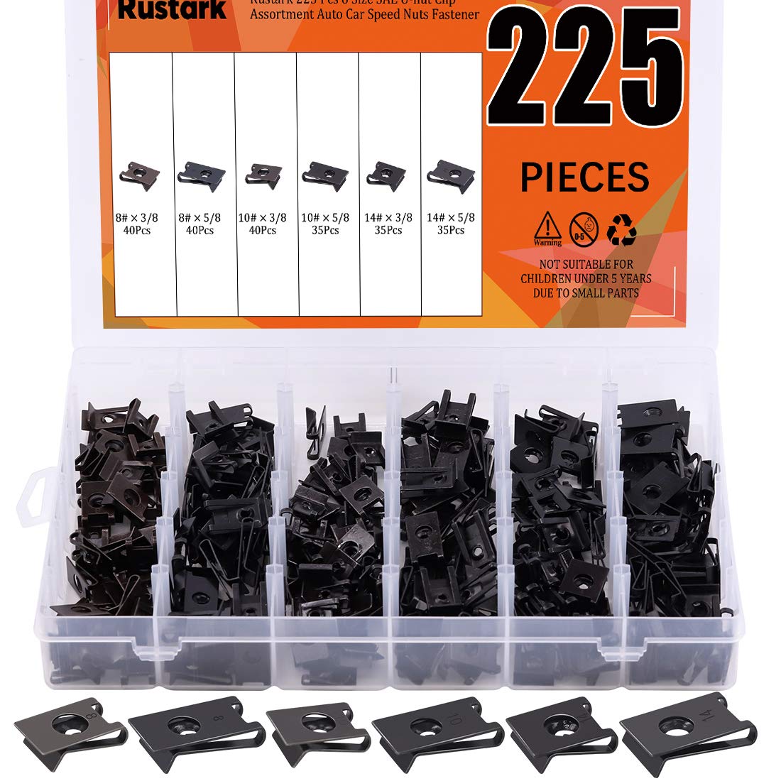 Rustark 225 Pcs 6 Size U-nut Clip Assortment Auto Car Speed Nuts Fastener with Store Box for Dash Door Panel Interior
