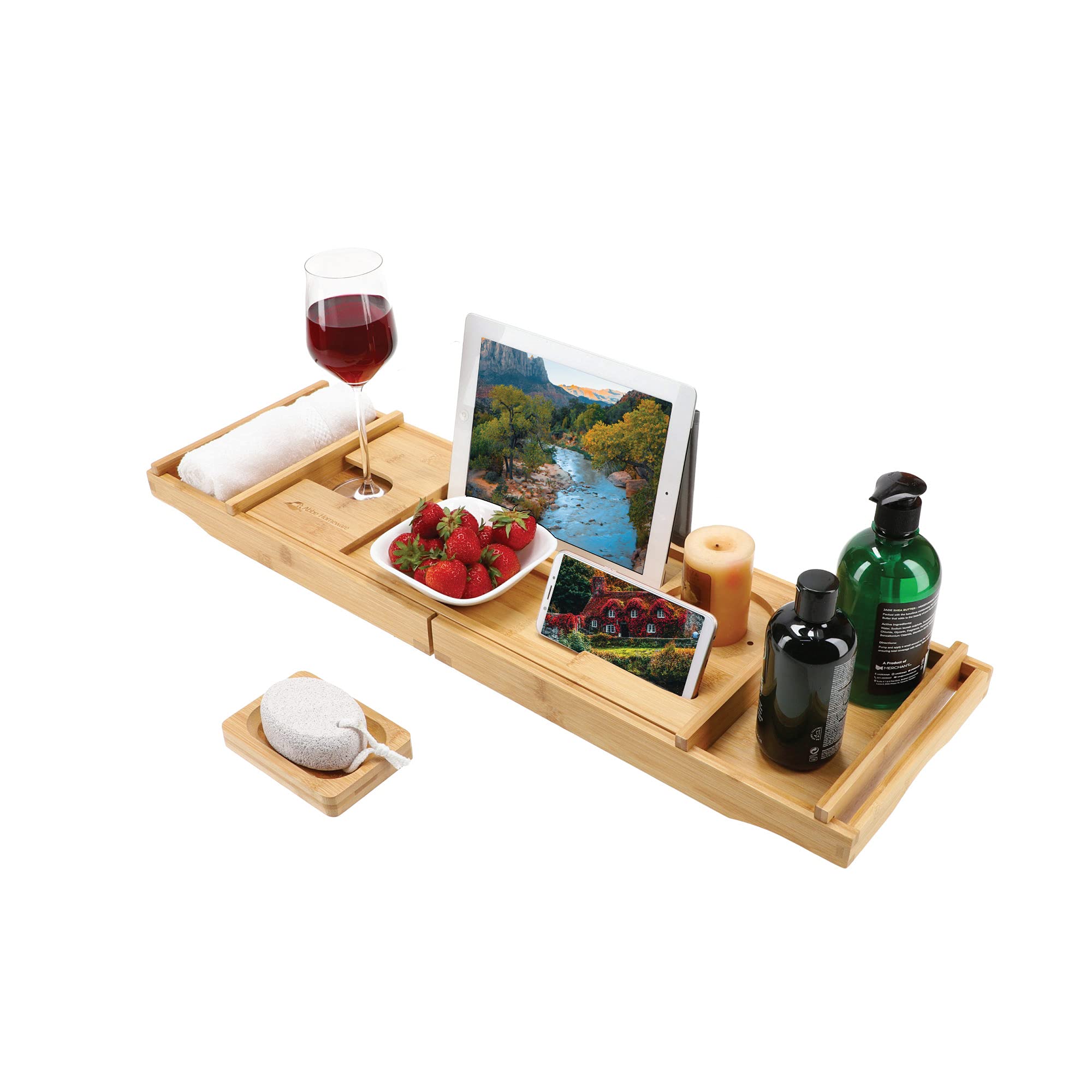 Bath Tray with Ipad Holder - Bath Rack with Adjustable and Expandable Feature – Bath Tub Caddy with Soap Holder & Pumice Stone – Bath & Bed Board for Books, Candle and Glass Laptop, Phone Holder