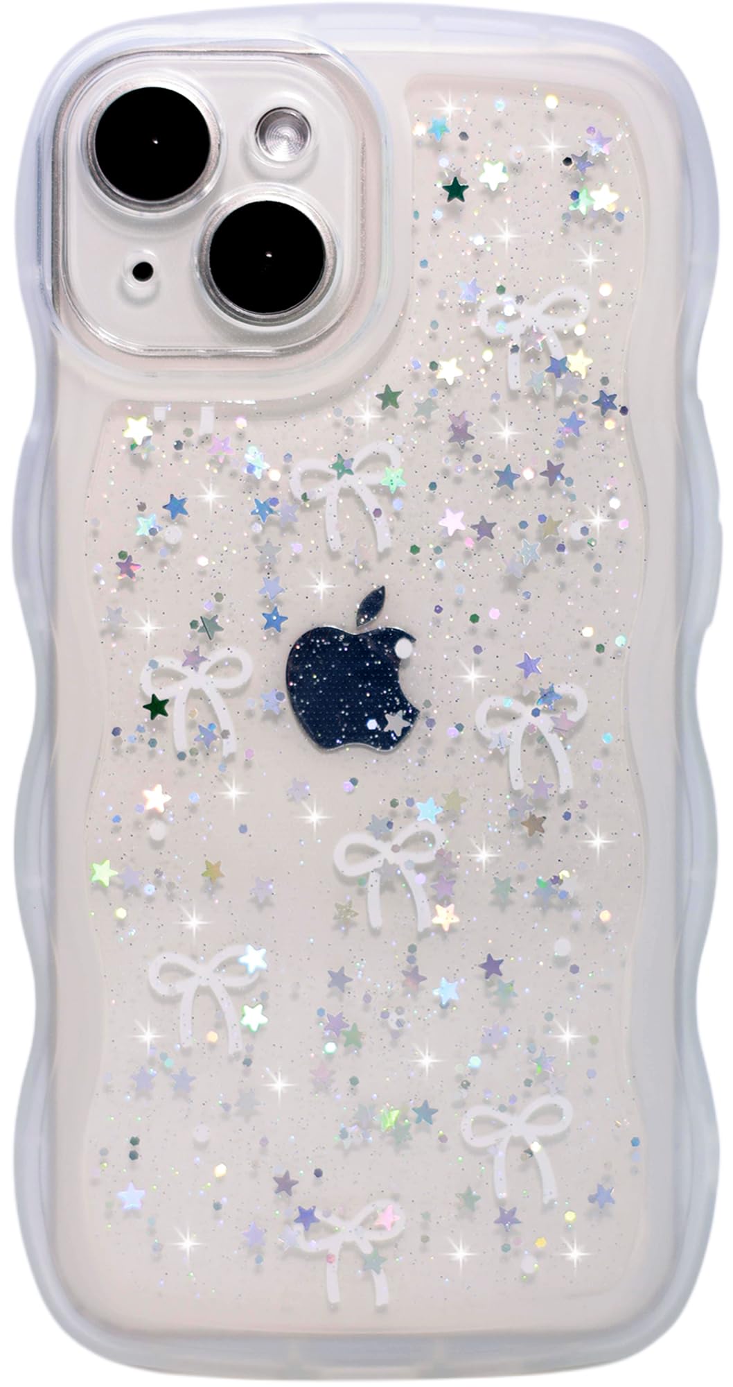 Photo 1 of (Mini ) Qokey for iPhone 13 Mini Case 5.4 inch- Glitter Star & Curved Edge Handle Grip Design, Military-Grade Shockproof TPU Cover, Sparkle Protection Scratch-Resistant, Holographic Clear Bow