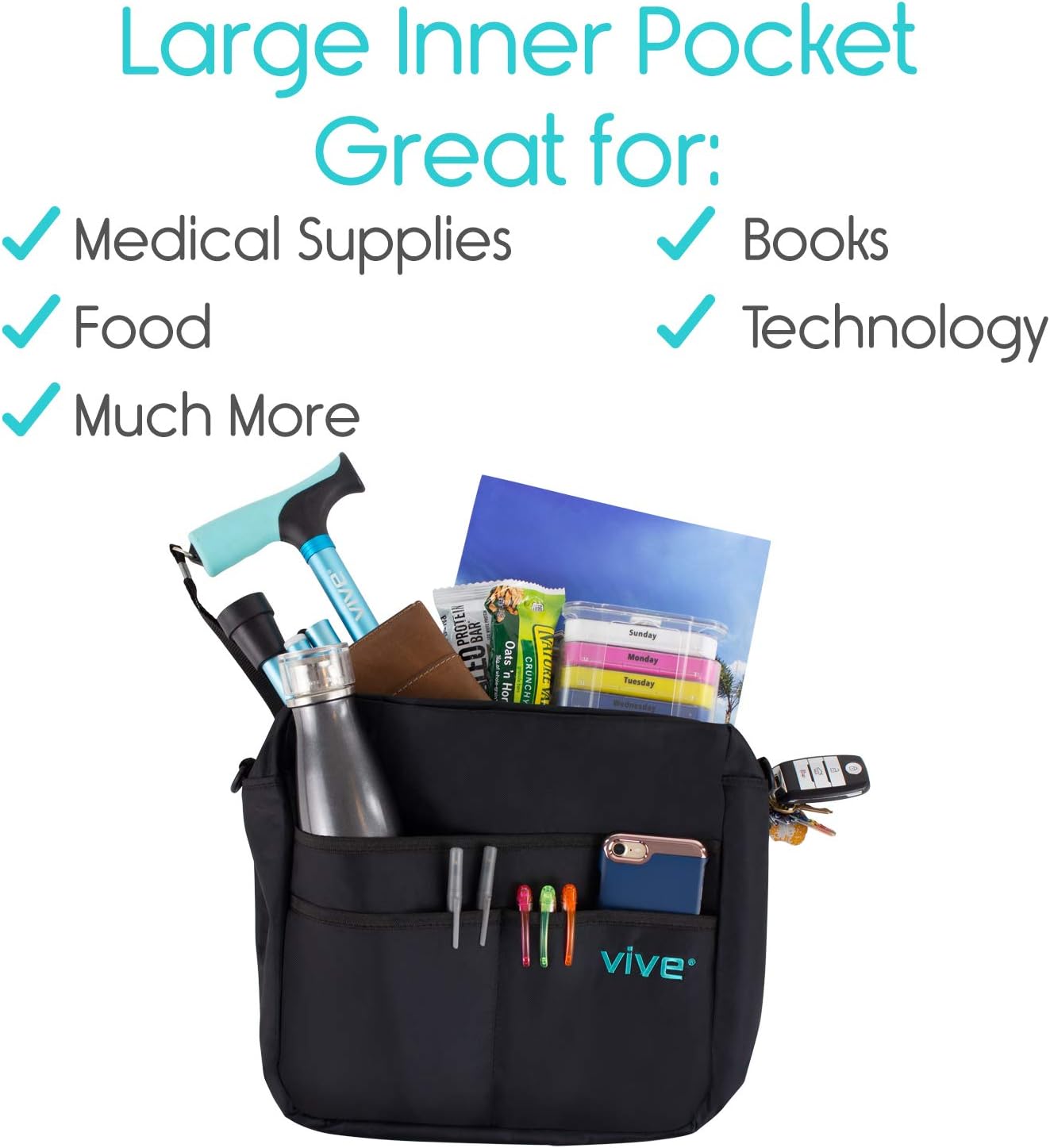 Vive Rollator Bag - Universal Travel Tote for Carrying Accessories on Wheelchair, Rolling Walkers & Transport Chairs - Lightweight Laptop Basket for Handicap, Disabled Medical Mobility Aid Pouch: Health & Personal Care