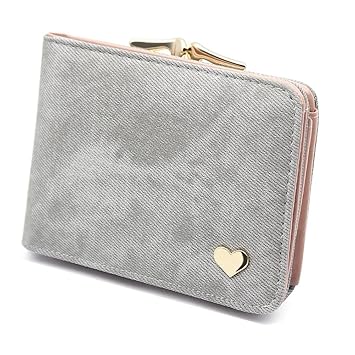 Damen Kleine Herz Dekoration Geldbörse Portemonnaie kurzer Kleine Geldbeutel Große Kapazität Wallets (Grau)