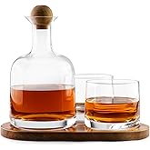 Cork & Mill Whiskey Decanter Set, Hand-Blown Lead-Free Crystal 800ml Liquor Decanter for Bourbon and More, Two 8oz Old Fashioned Glasses, Acacia Wood Stopper & Display Tray, Ideal Whisky Gift Set
