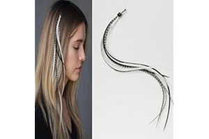 Feather Hair Extension – 5 Real Rooster Feathers Bonded at Tip, Black & White Zebra Pattern, 7–11” Long, Includes 2 Silicone Micro Beads for Easy Installation – Salon-Quality by Sexy Sparkles