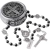 HanlinCC 6mm Hematite Stone Black Beads Catholic Saint Benedict Rosary Necklace for Men and Boy with St.Benedict Center Piece and Crucifix with Metal Gift Box