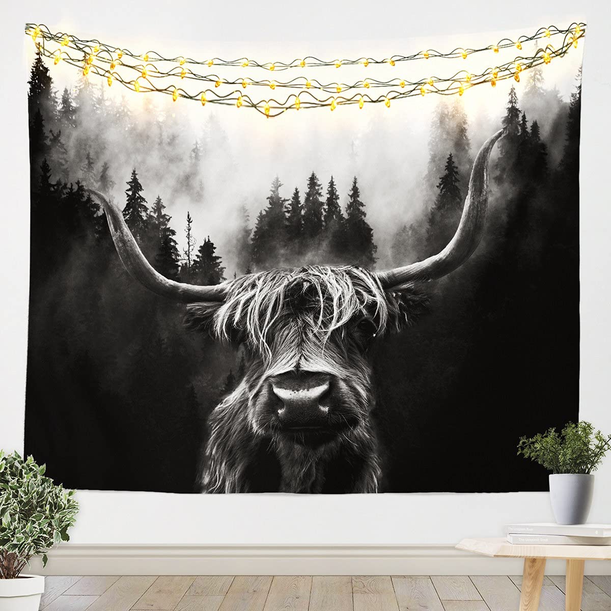 Loussiesd Scottish Highland Cattle Tapestry Smoky Mountain Wall Hanging Tapestries Natural Scenery Tapestry Wall Hanging Farm Animal Home Decor for Bedroom Living Room XLarge 69x91