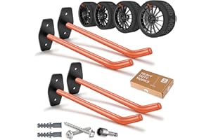 SunVFaFa 4 Pack Tire Storage Rack Wall Mount, 10in Large Garage Hooks Heavy Duty, Wheel Hanger for Organizing Ladder, Folding