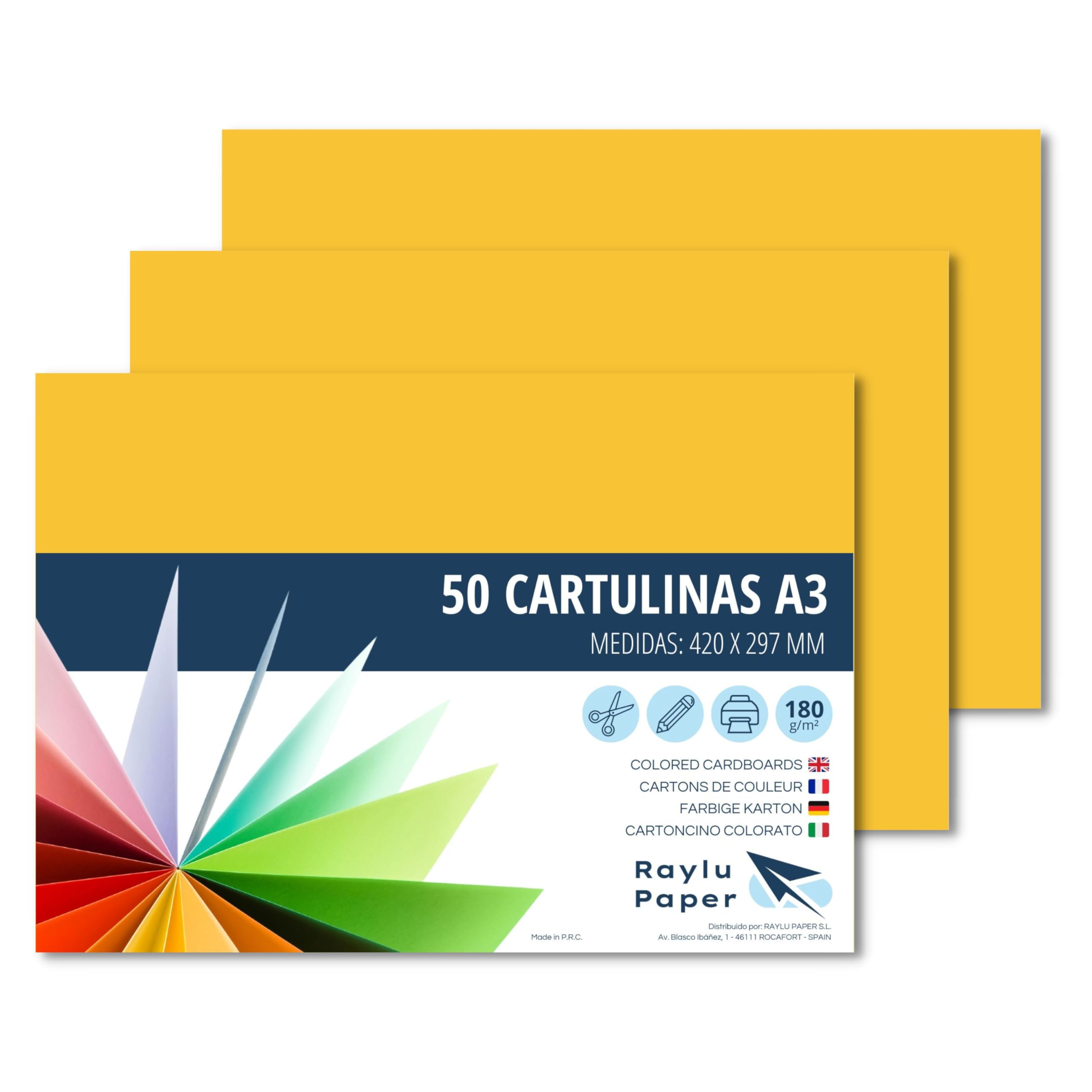 Raylu Paper® - A3 Card Pack of 50 180gsm 420x297mm Coloured A3 Card with Soft Touch Perfect for Binding, Office, Drawing and Crafts (Canary Yellow)