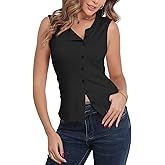 Women's Button Down Ribbed Tank Top Slim Fit Crew Neck Sleeveless Shirts Vest Dressy Summer Going Out Tops