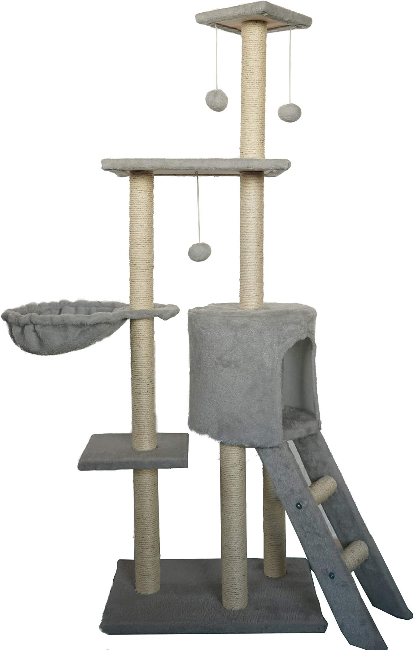 HAIBEIR Multi-Level Cat Trees Solid Wood Based Sisal-Covered Scratching Posts, Hammock and Condo Pet Play House Cat Tower Furniture with Climb Ladder for Kittens, Cats & Pets (Grey)