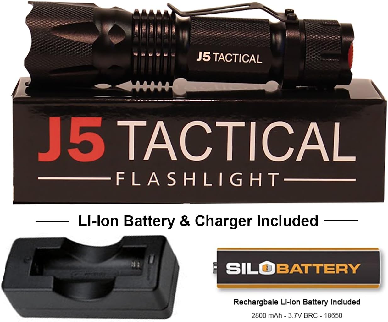 J5 Tactical V2 Flashlight - Genuine 750 Lumen Ultra Bright Powerful, LED 5 Mode Flashlight with Rechargeable SILO 18650 Lithium Ion Battery and Battery Charger