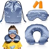 ASTRA VENA Child Travel Sleep Mask and Pillow Set - 2 in 1 Cute Character Design for Kids Rest, Naps and Relaxation. Soft Comfort with Bag Cover, Perfect for Flights, Car Trips 33cm (Blue)