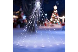 iBaycon Christmas Star String Lights, 16.7FT 384 LED Waterfall Tree Lights with Topper Outdoor Waterproof, 8 Modes Christmas 