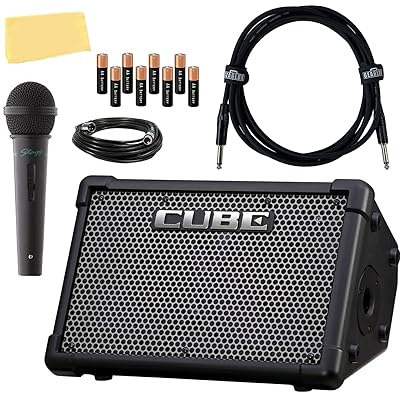 Roland Cube Street EX 4-Channel 50-Watt Battery-Powered Amplifier Bundle with Roland CB-CS2 Carrying Case, Microphone, Instrument Cable, Batteries, and Austin Bazaar Polishing Cloth
