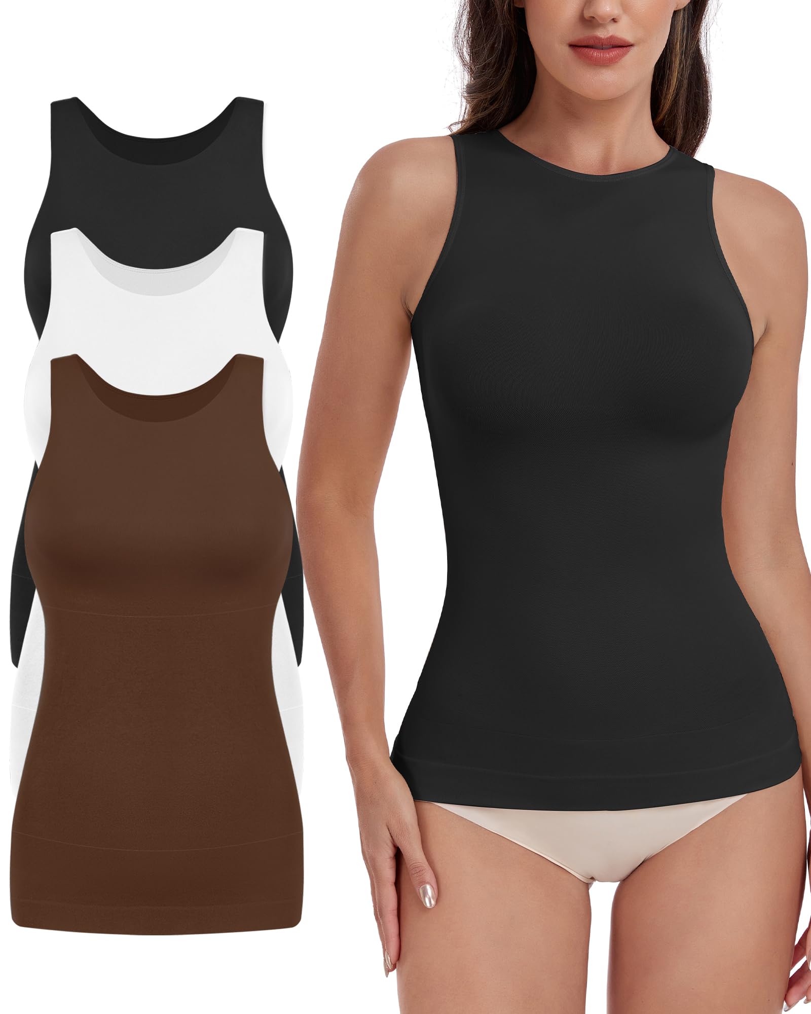 Photo 1 of *ONLY 2/ BLK/ WHT* EUYZOU Women 2PK Shapewear Tummy Control Tank Tops Seamless Compression Tops Body Shaper Camisole, Black/White/Brown S