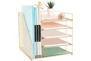 AUPSEN Office Desk Organizer, 5-Tier Paper Letter Tray with File Holder Multifunction Office Supplies and Accessories for Office School Home (Golden), AP-4TIER