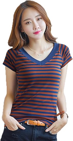 Amazon Denim デニム レディース トップス ｖネック ボーダー 柄 半袖 タイト Tシャツ レディース 薄手 夏 コーヒー L Tシャツ カットソー 通販