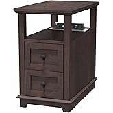 HIFYOBRO Narrow End Table with Flip Top Charging Station, Side Table with 2 Drawers, Type-C & USB Port & Power outlets, Woode
