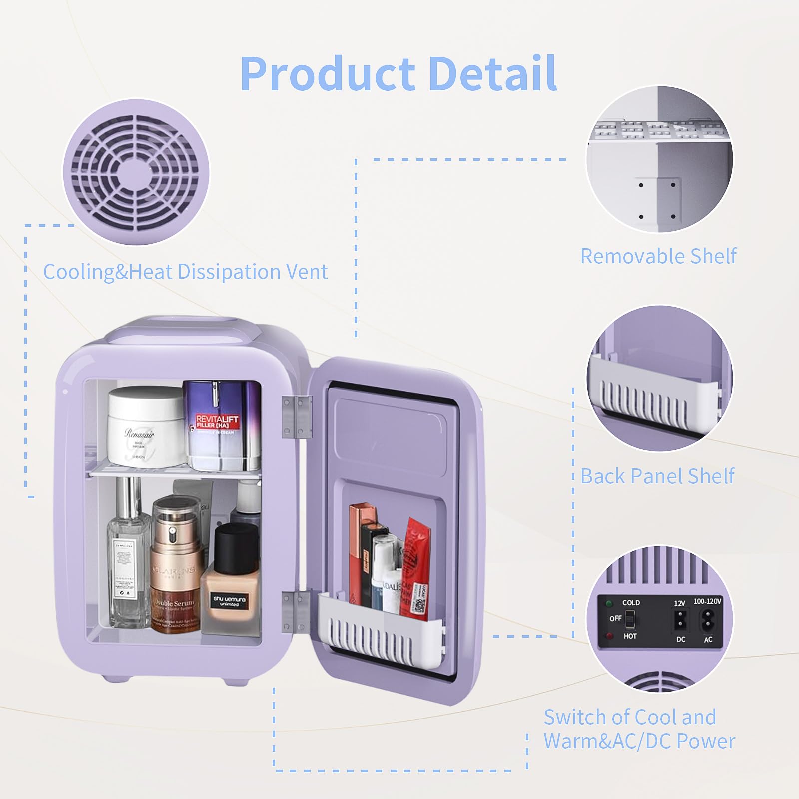 YASHE Mini Fridge, 4 Liter Makeup Fridge, 110V AC/ 12V DC Thermoelectric Cooler and Warmer Small Fridge for Bedroom, Drink, Dorm, Car, Purple