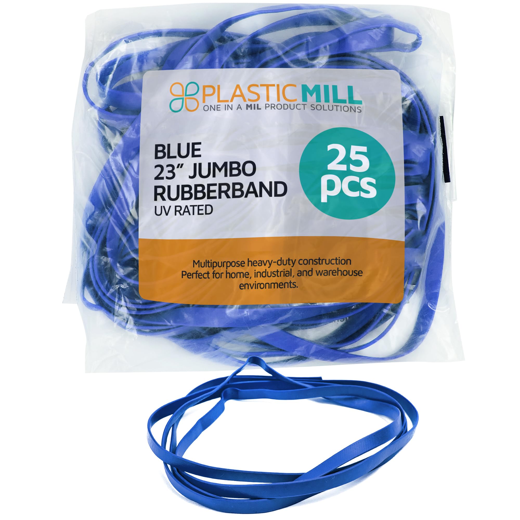 PlasticMill 23", Blue, Uv Rated, Trash Bag Rubber Band For 48-65 Gallon Garbage Cans 25/Pack Blue/UV Rated