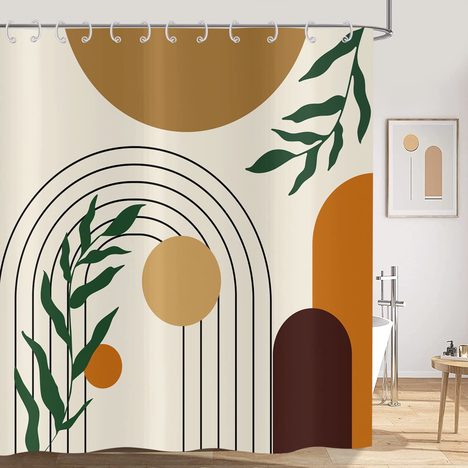 Hnmdmyi Boho Shower Curtain 180x180, Mid Century Abstract Green Leaf Arch Sun Beige Bathroom Curtains Modern Minimalist Geometric Aesthetic Art Waterproof Polyester Fabric Washable Bath Curtains — image 1