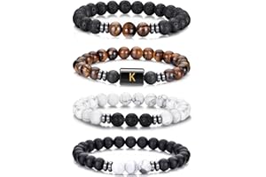 Avotto 4 PCS Initial Beaded Bracelets for Men Women-8mm Natural Stone Tiger Eye/Lava Rock/Obsidian Stretch Bracelet Jewelry Gifts