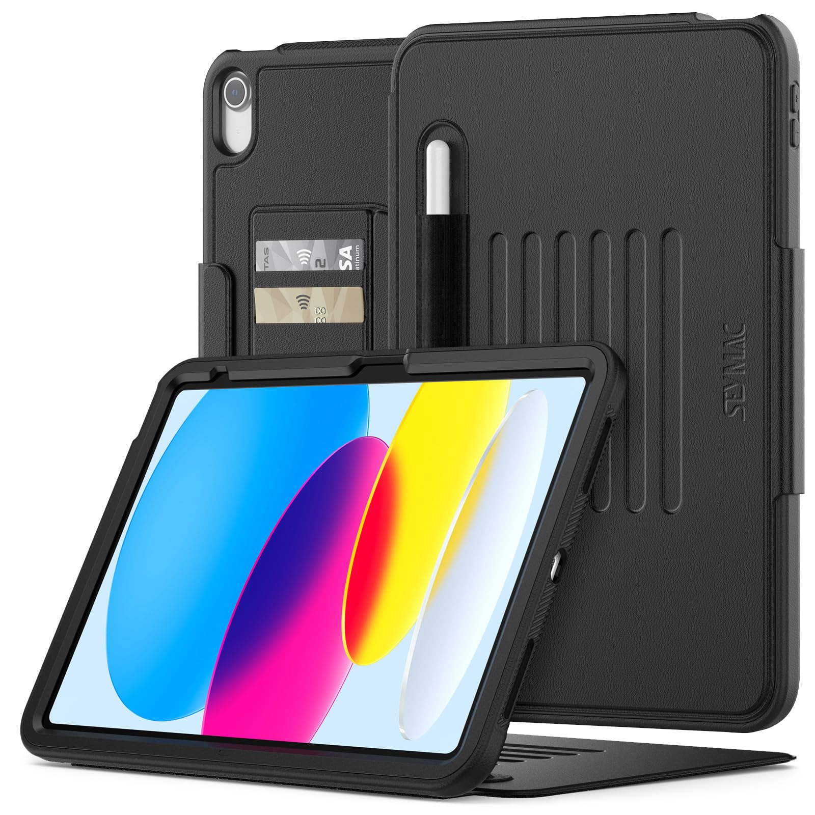 SEYMAC Case for iPad (A16)11th 2025/10th 2022 Generation (11/10.9 inch), Magnetic Smart Cover with Auto Sleep/Wake, Card Slots, Multi-angle Stand for iPad A16 Case - Black