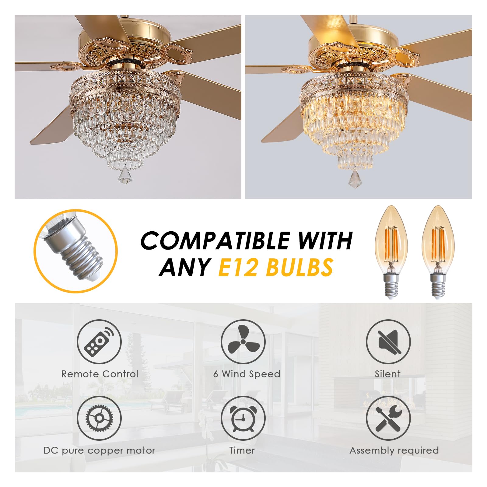 Asyko Crystal Ceiling Fan Fandelier with Lights - 62