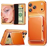 Meifigno Strong Magnetic Phone Wallet with Mirror & Kickstand, Magnetic Phone Card Holder (3-4 Cards & Cash) Compatible with iPhone 17/16/15/14/13/12 Series, Metal Plating Glossy, Orange