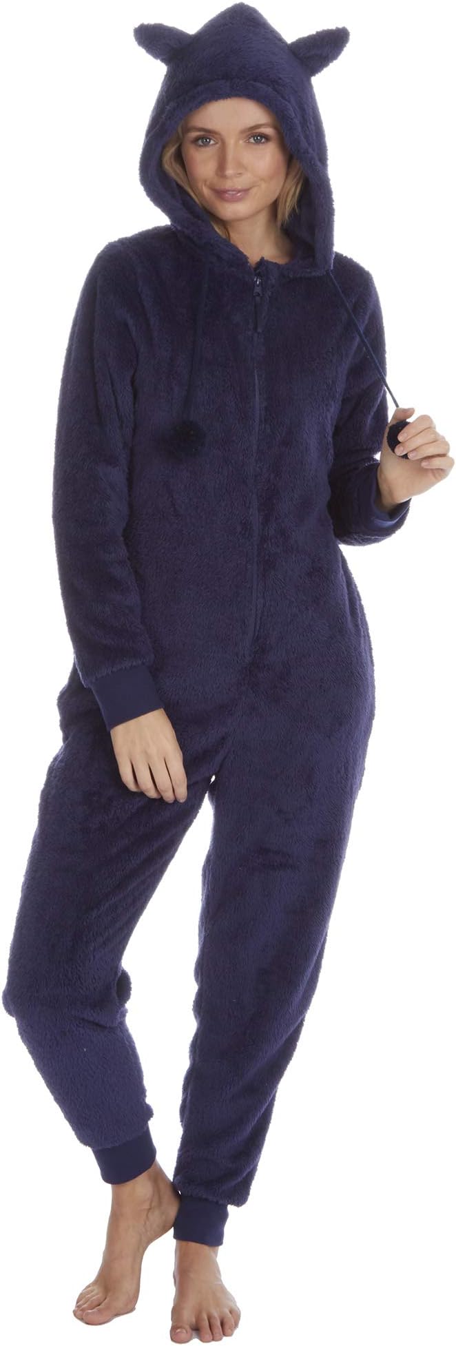 Ladies Snuggle Fleece Jumpsuit | Zip Front Sleepsuit with Hooded Ears | Sizes Small - X-Large