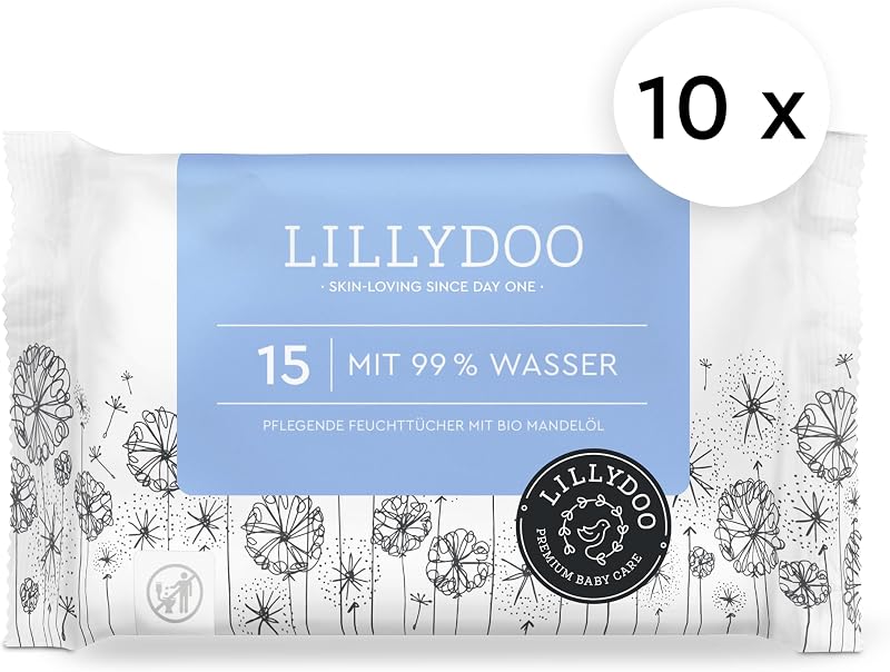 Lenços umedecidos LILLYDOO com 99% de água, 10 embalagens de 15 (150 unidades), 100% sem plástico, sem perfumes e macios como algodão e água