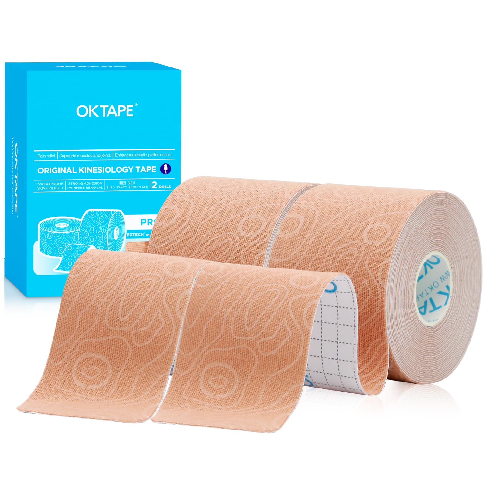 OK TAPE PRO Kinesiology Tape, 2inch x Long Roll 16ft Free Cut Tape, Elastic Athletic Tape Therapeutic Latex Free, 2 Rolls Beige+Beige