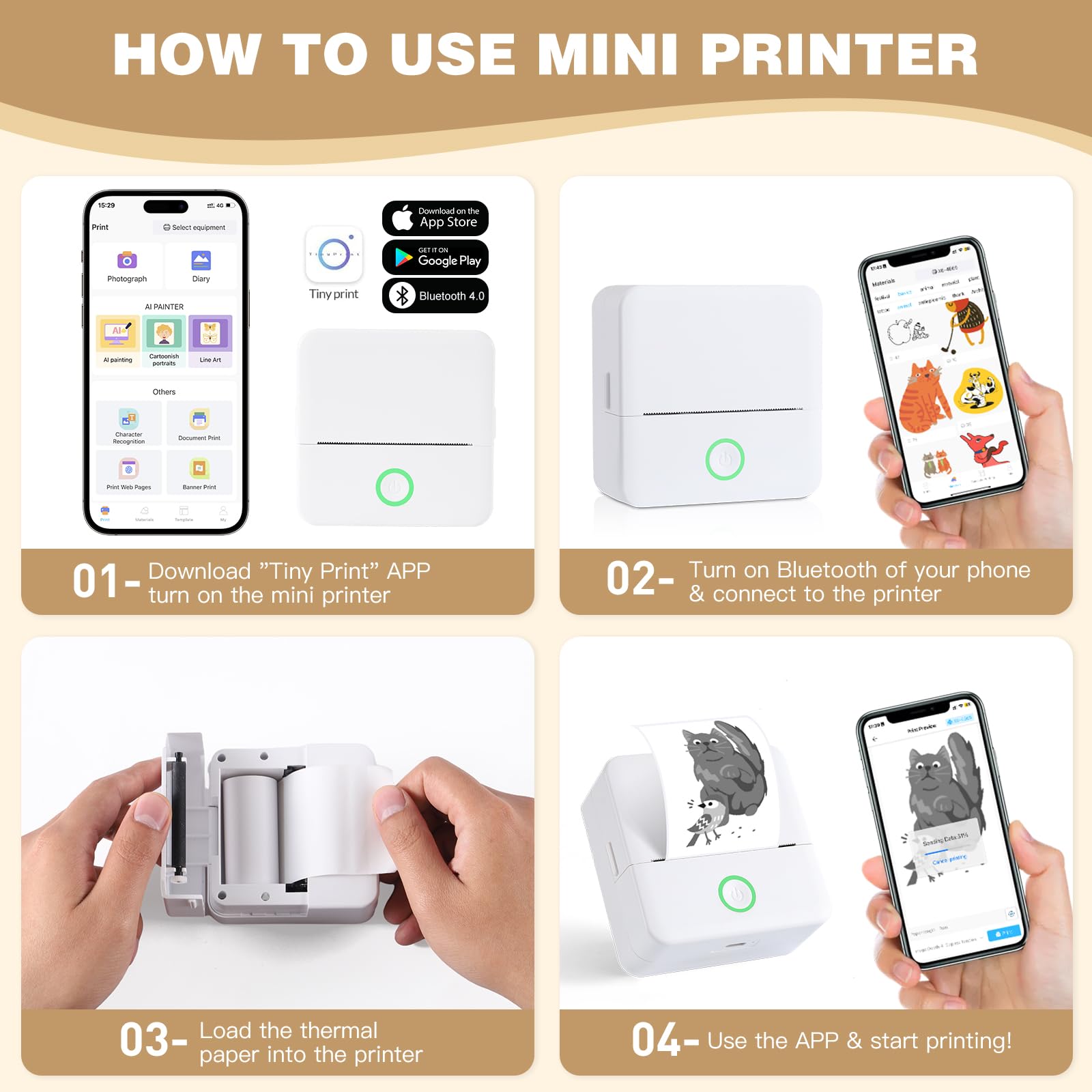 Print Pods Mini Printer, Thermal Inkless Sticker Maker with 10 Rolls Printing Paper, Pocket Printpod for phone, Impresora Portátil for Notes, Flashcards, Journal, DIY, Compatible with iOS & Android