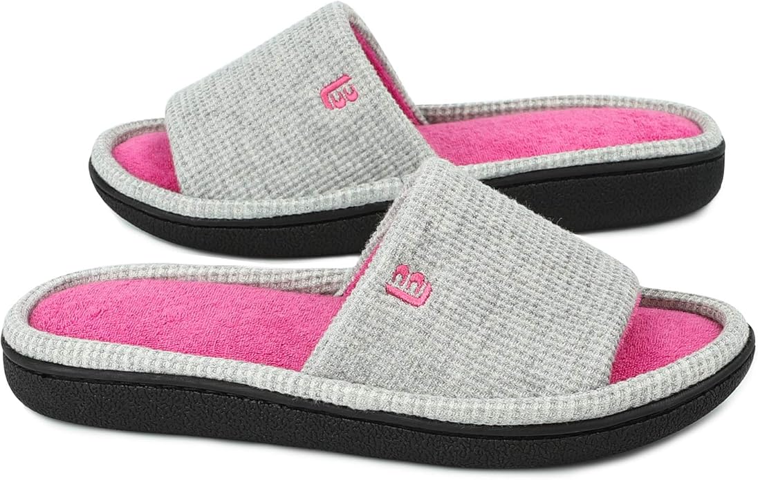 LongBay Women’s Waffle Slippers Open Toe Slip On Memory Foam Flat