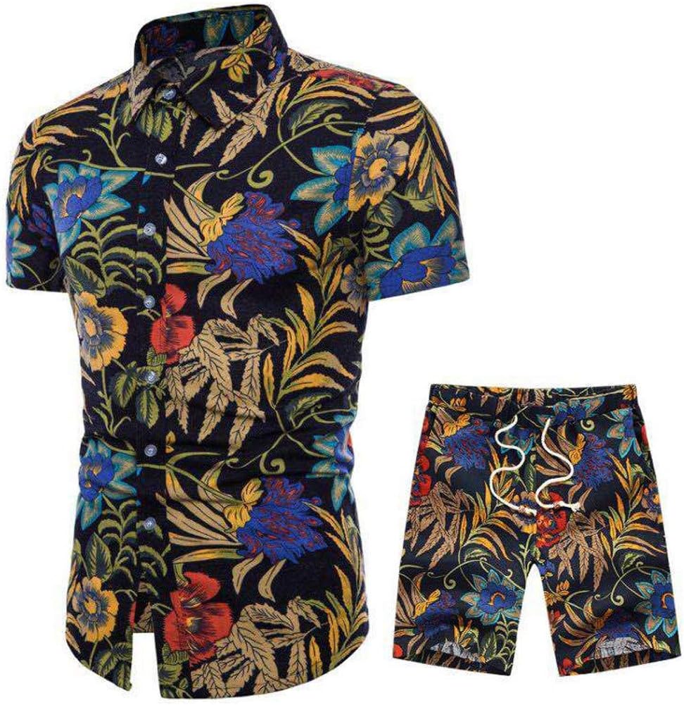 Mens Fashion Ethnic Style Print Short Sleeve Button Down Shirt Tops Short Pant Suit Casual 2 Pieces Outfits