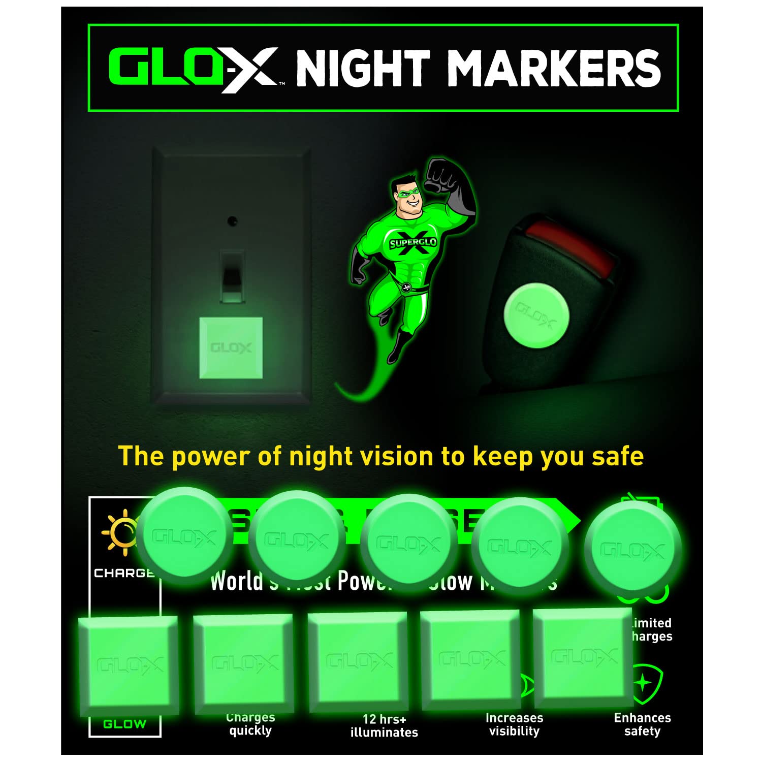 GLO-X Glow in The Dark Night Markers - Safety Dots Will Glow for up to 12 Hours…