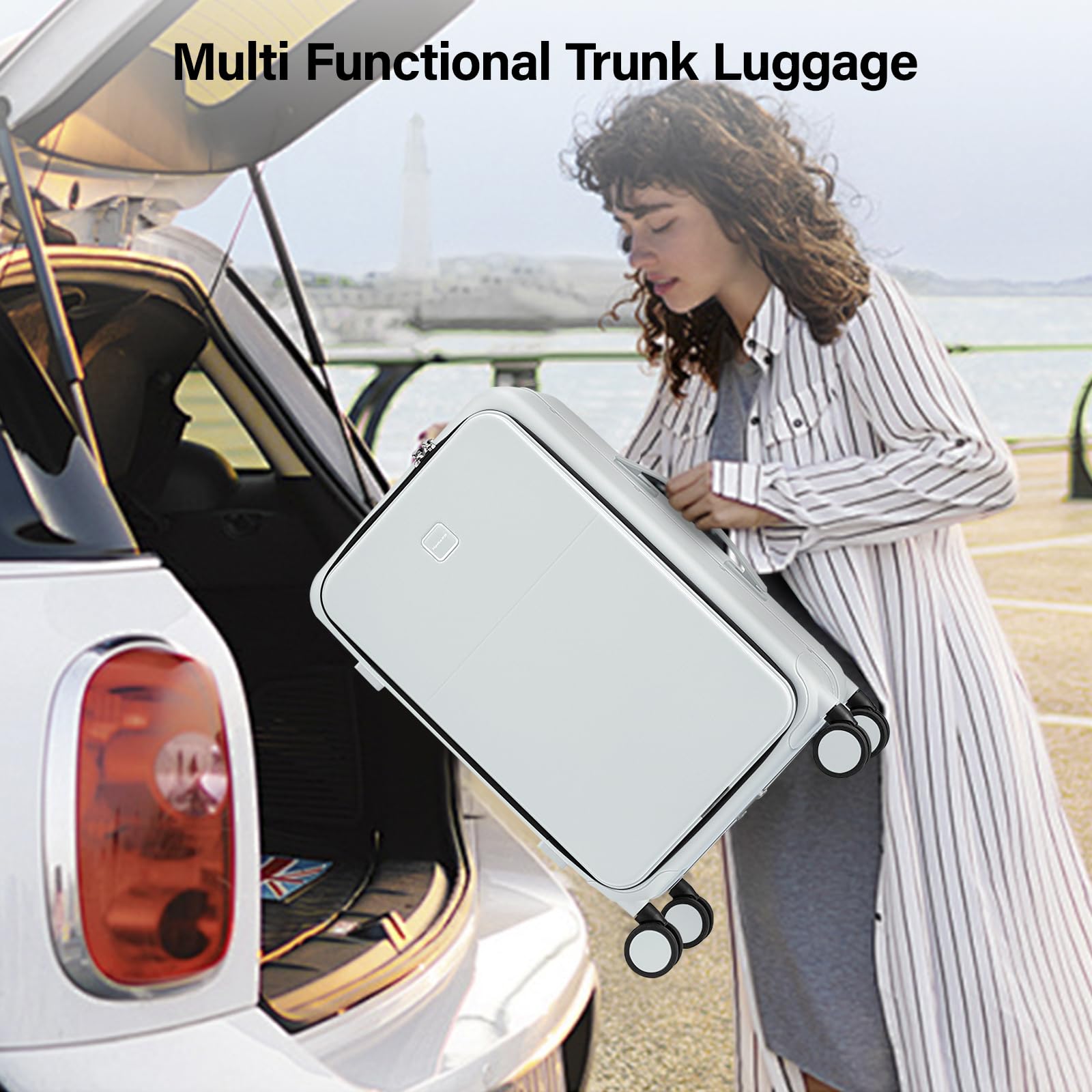 Hanke 20 Inch Carry On Luggage with Cup Holder and Charge,Top Opening Hard Shell Suitcases with Wheels and Dividers,Aluminum Frame Trunk Luggage Small Suitcase with Lock for Travel,Smoke White